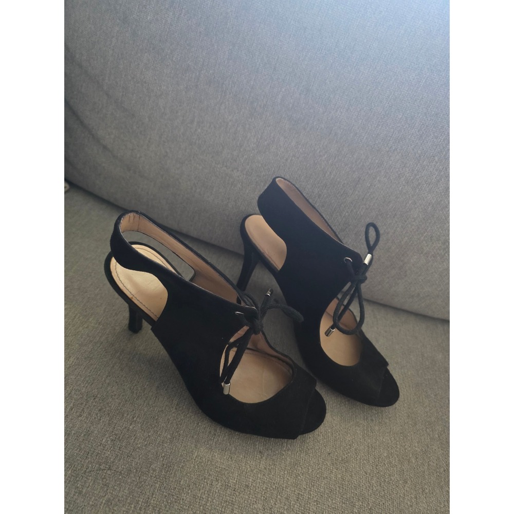 Unisa Black Faux Suede Peep Toe Lace Up Slingback Stiletto Heels Womens 7.5M